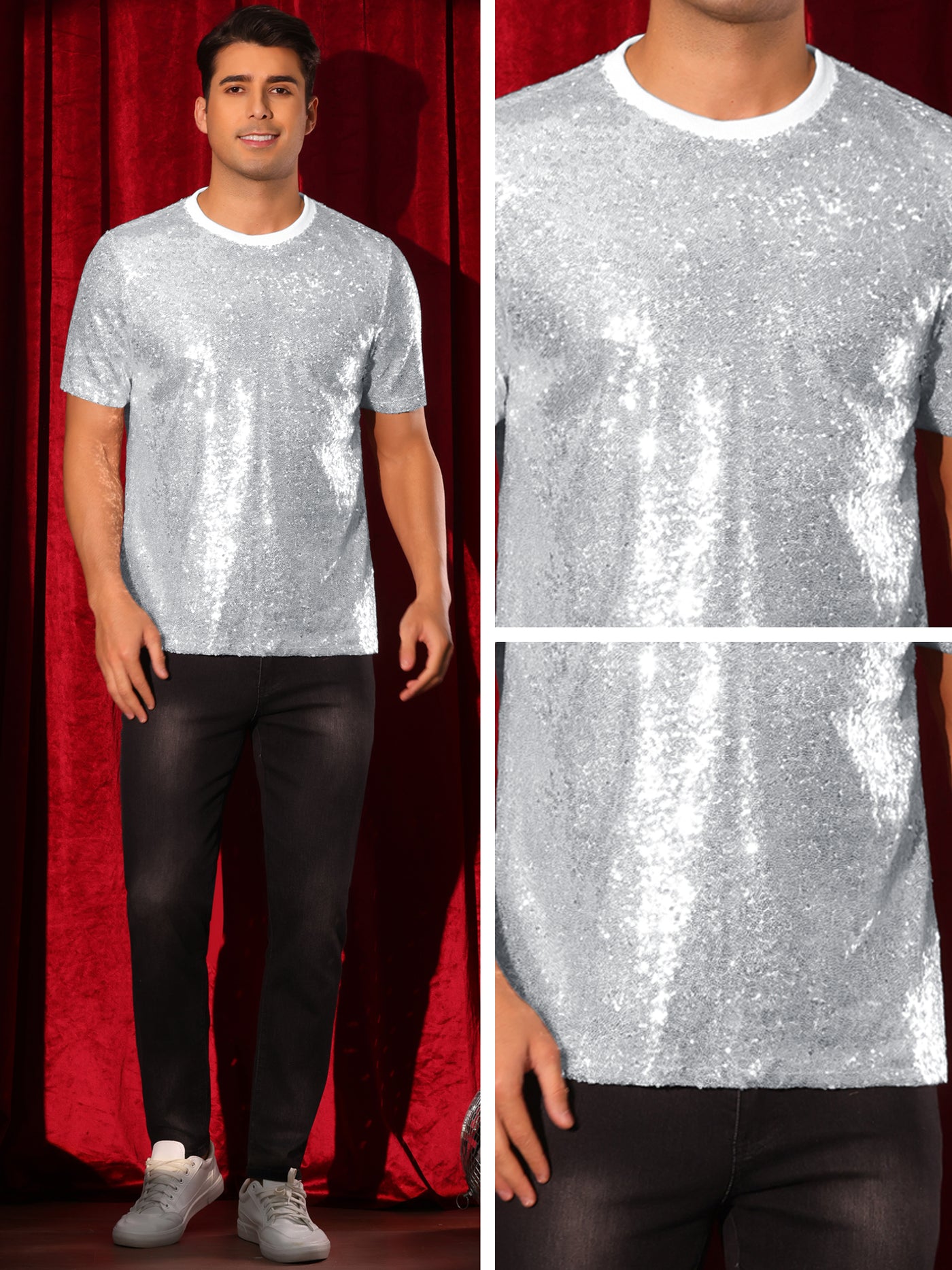 Bublédon Glitter T-Shirt for Men's Sequin Tee Tops Short Sleeve Crew Neck Disco Metallic t Shirt