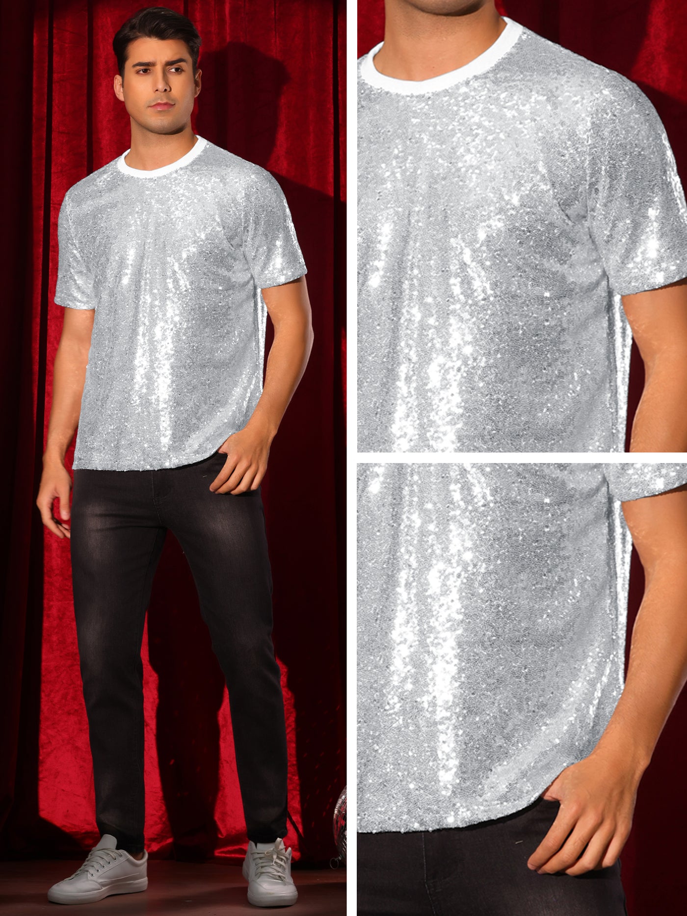 Bublédon Glitter T-Shirt for Men's Sequin Tee Tops Short Sleeve Crew Neck Disco Metallic t Shirt