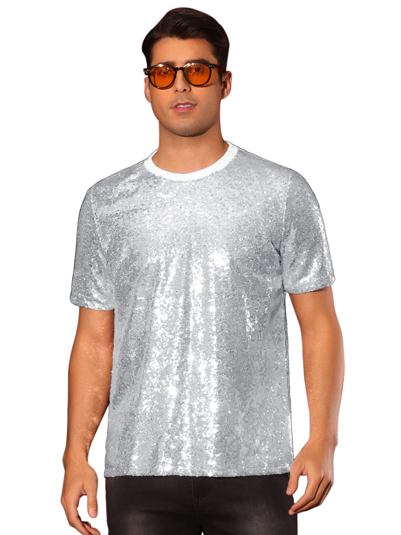 Bublédon Glitter T-Shirt for Men's Sequin Tee Tops Short Sleeve Crew Neck Disco Metallic t Shirt