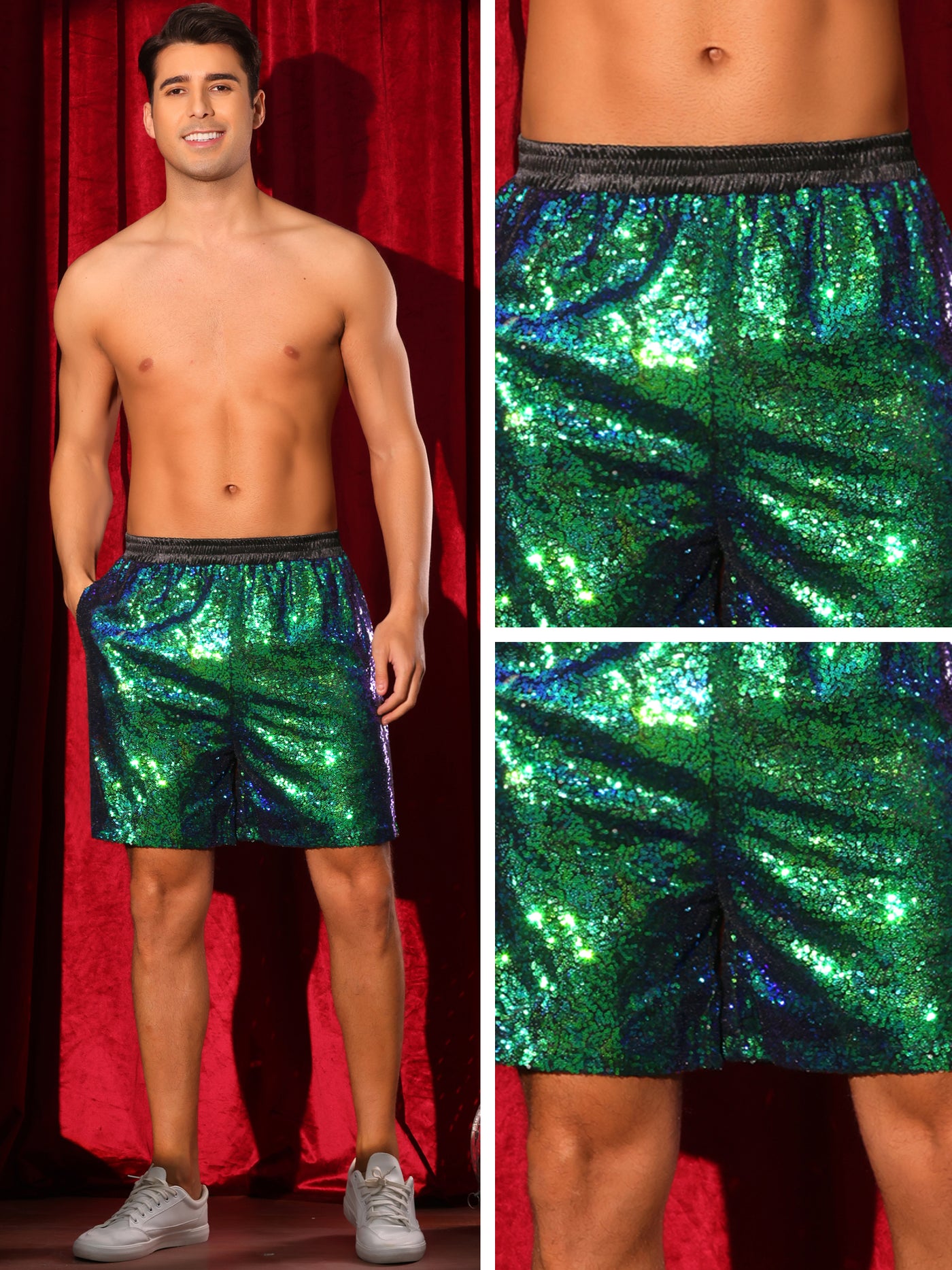 Bublédon Sequins Shorts for Men's Elastic Waist Party Disco Sparkly Glitter Nightclub with Pocket Short Pants