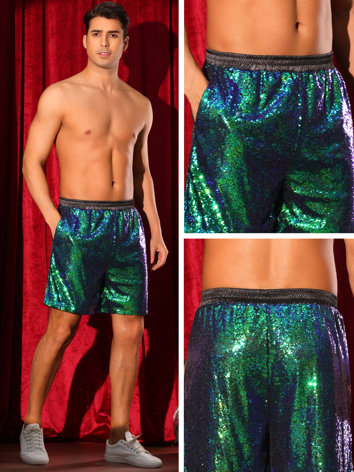 Bublédon Sequins Shorts for Men's Elastic Waist Party Disco Sparkly Glitter Nightclub with Pocket Short Pants