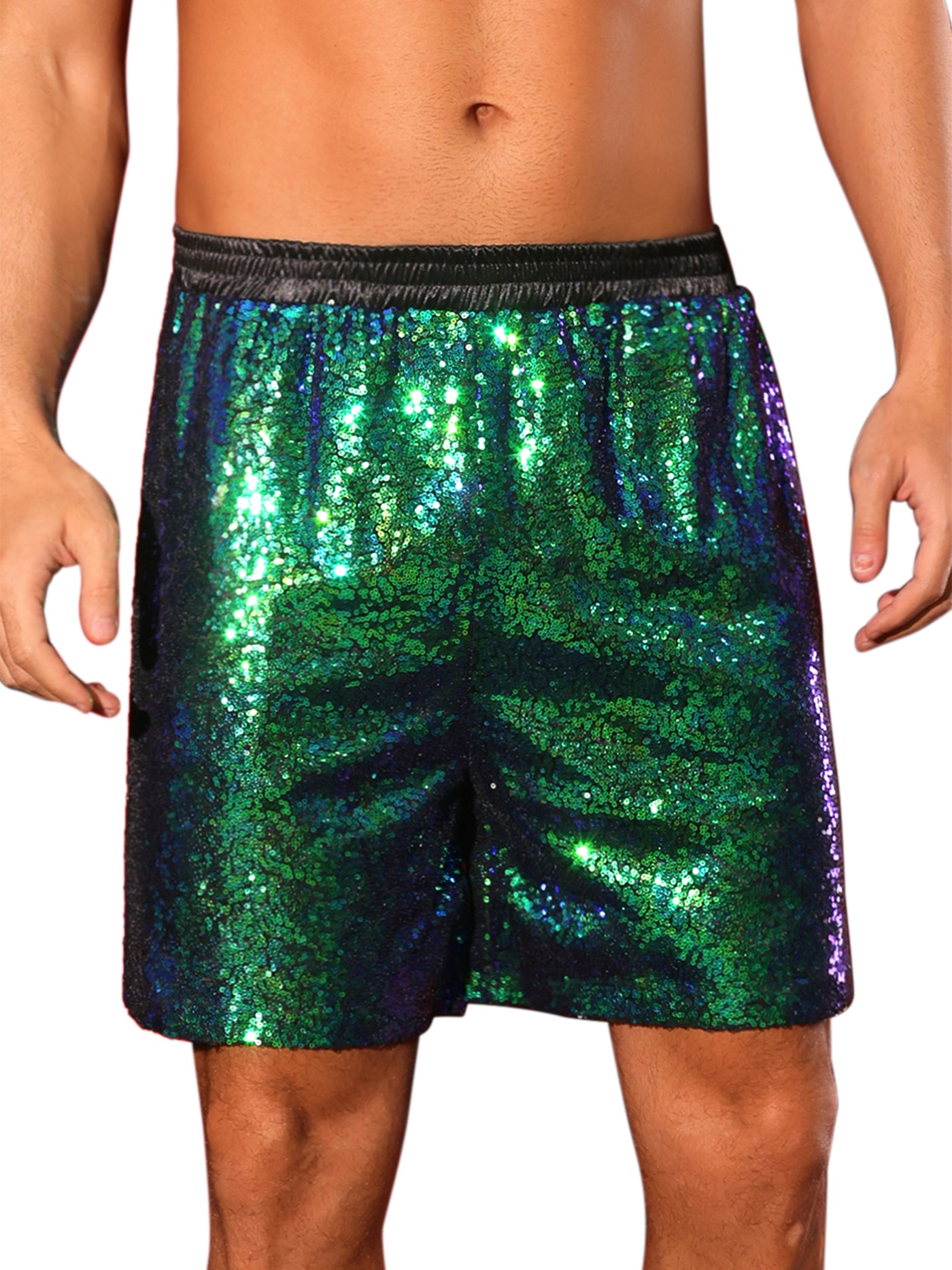 Bublédon Sequins Shorts for Men's Elastic Waist Party Disco Sparkly Glitter Nightclub with Pocket Short Pants