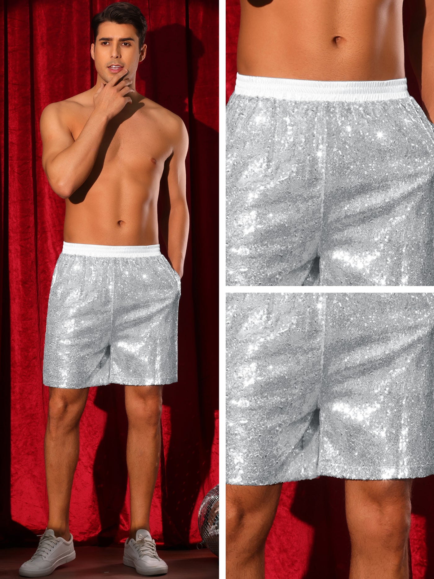 Bublédon Sequins Shorts for Men's Elastic Waist Party Disco Sparkly Glitter Nightclub with Pocket Short Pants