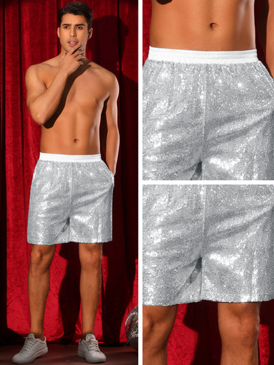 Sequins Shorts for Men's Elastic Waist Party Disco Sparkly Glitter Nightclub with Pocket Short Pants