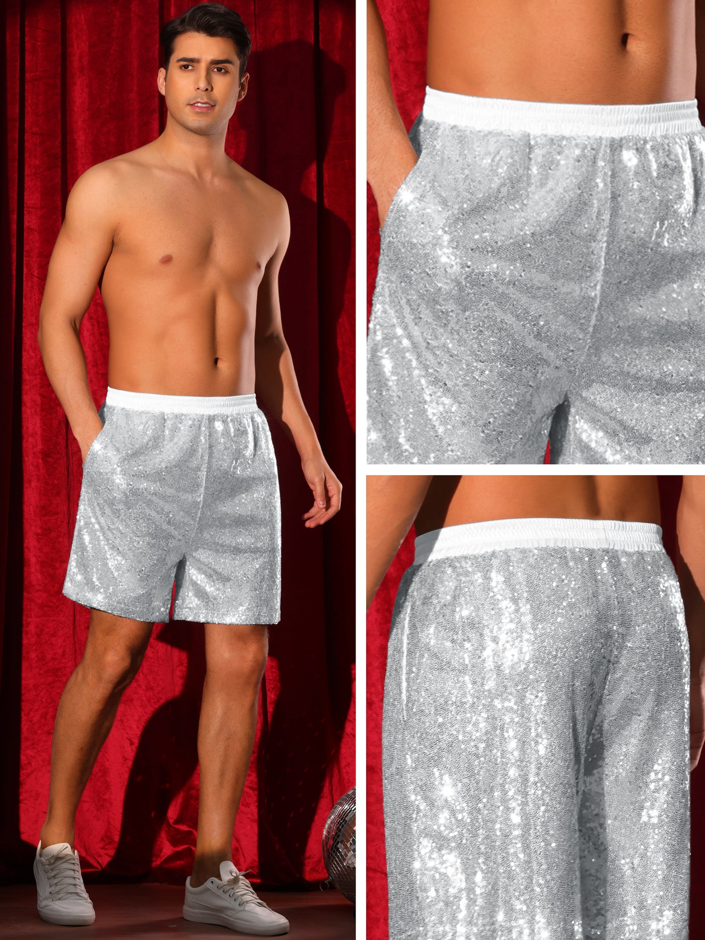 Bublédon Sequins Shorts for Men's Elastic Waist Party Disco Sparkly Glitter Nightclub with Pocket Short Pants