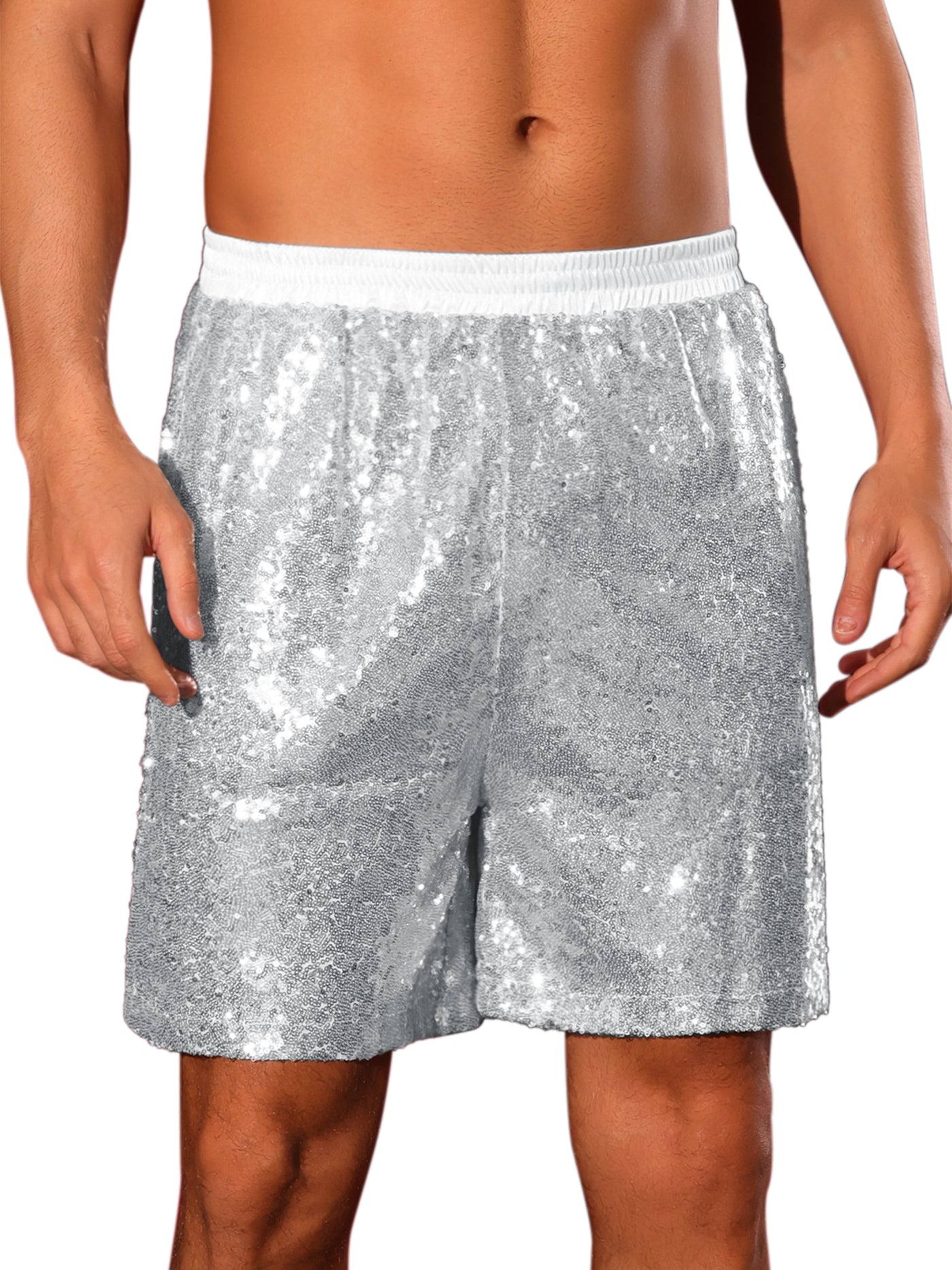 Bublédon Sequins Shorts for Men's Elastic Waist Party Disco Sparkly Glitter Nightclub with Pocket Short Pants