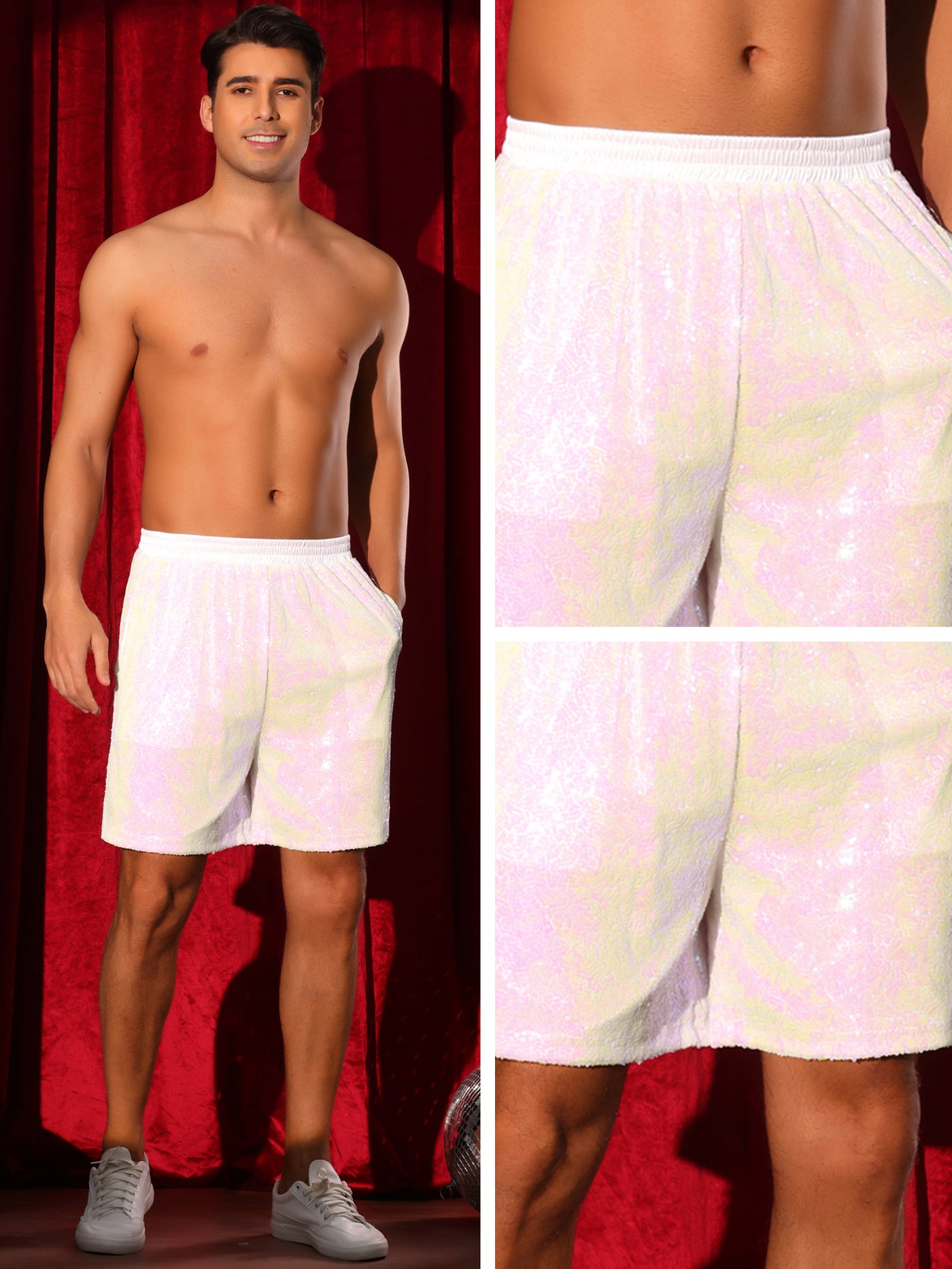 Bublédon Sequins Shorts for Men's Elastic Waist Party Disco Sparkly Glitter Nightclub with Pocket Short Pants