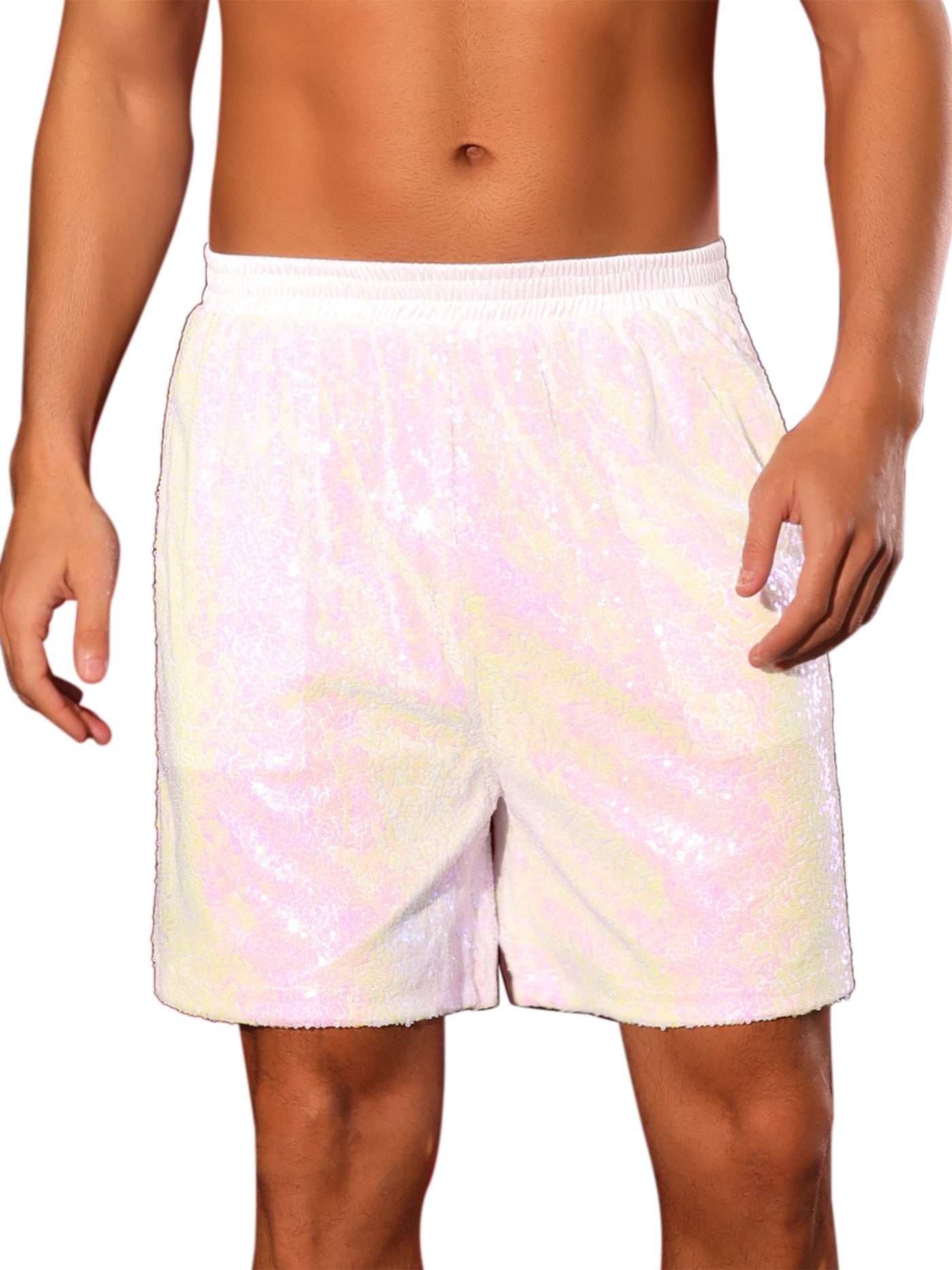 Bublédon Sequins Shorts for Men's Elastic Waist Party Disco Sparkly Glitter Nightclub with Pocket Short Pants