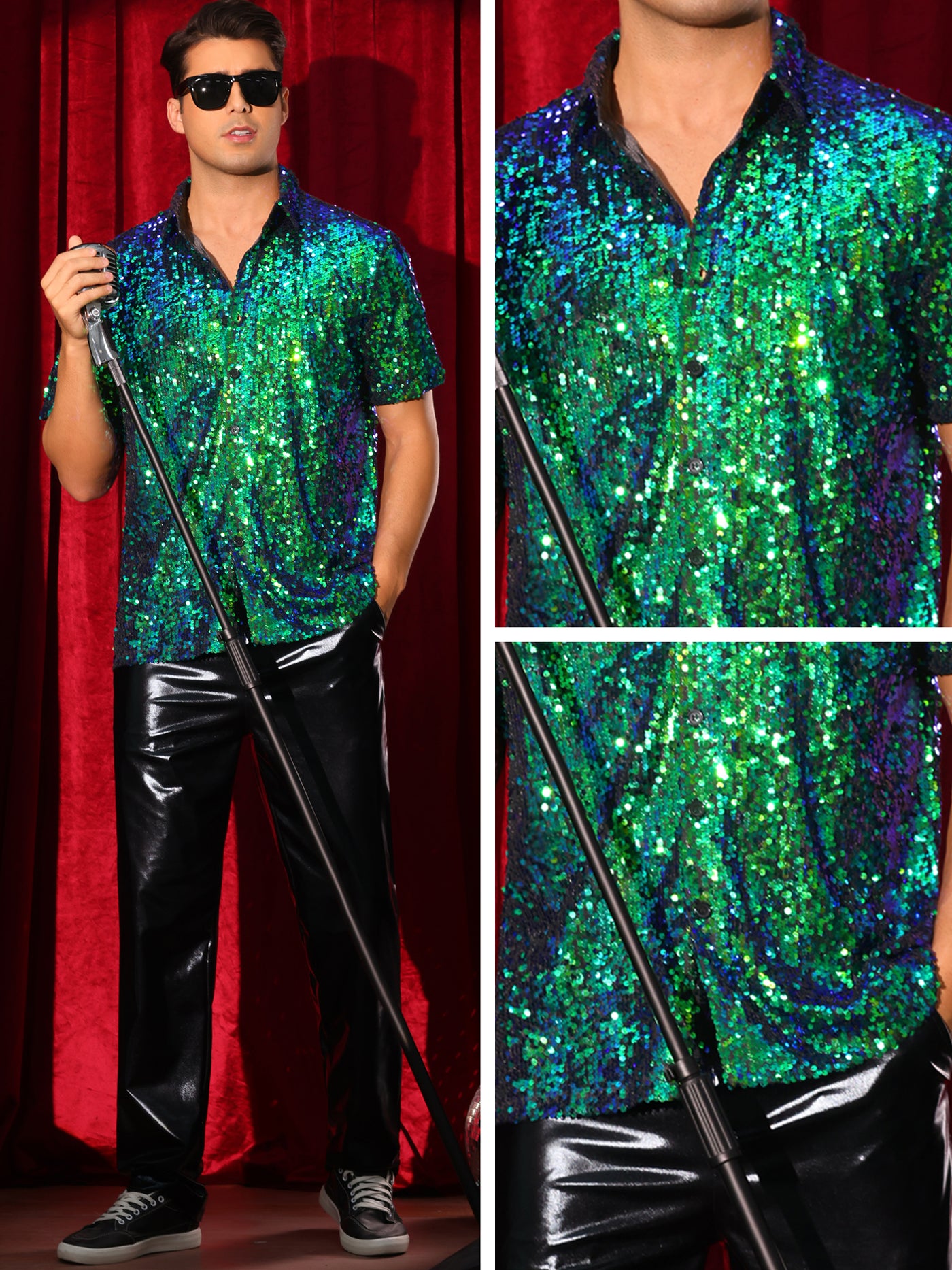 Bublédon Sequin Dress Shirt for Men's Short Sleeve Button Down 70s Disco Costume Party Sparkle Shiny Shirts