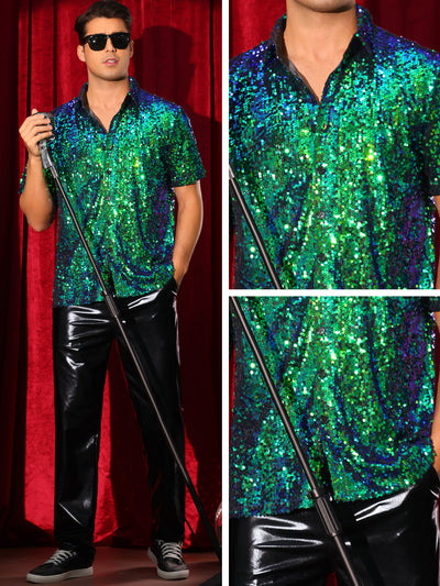 Sequin Dress Shirt for Men's Short Sleeve Button Down 70s Disco Costume Party Sparkle Shiny Shirts