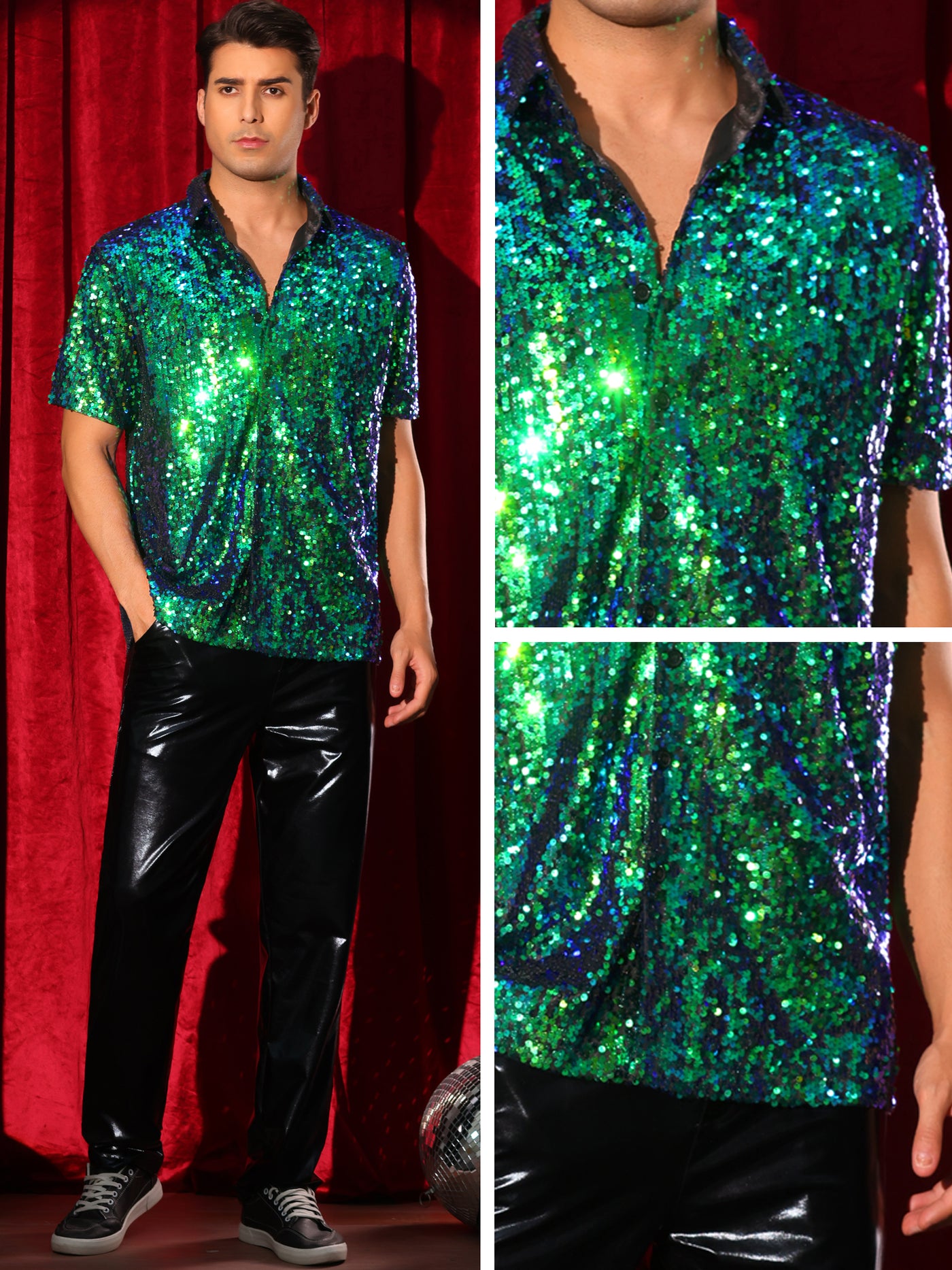 Bublédon Sequin Dress Shirt for Men's Short Sleeve Button Down 70s Disco Costume Party Sparkle Shiny Shirts