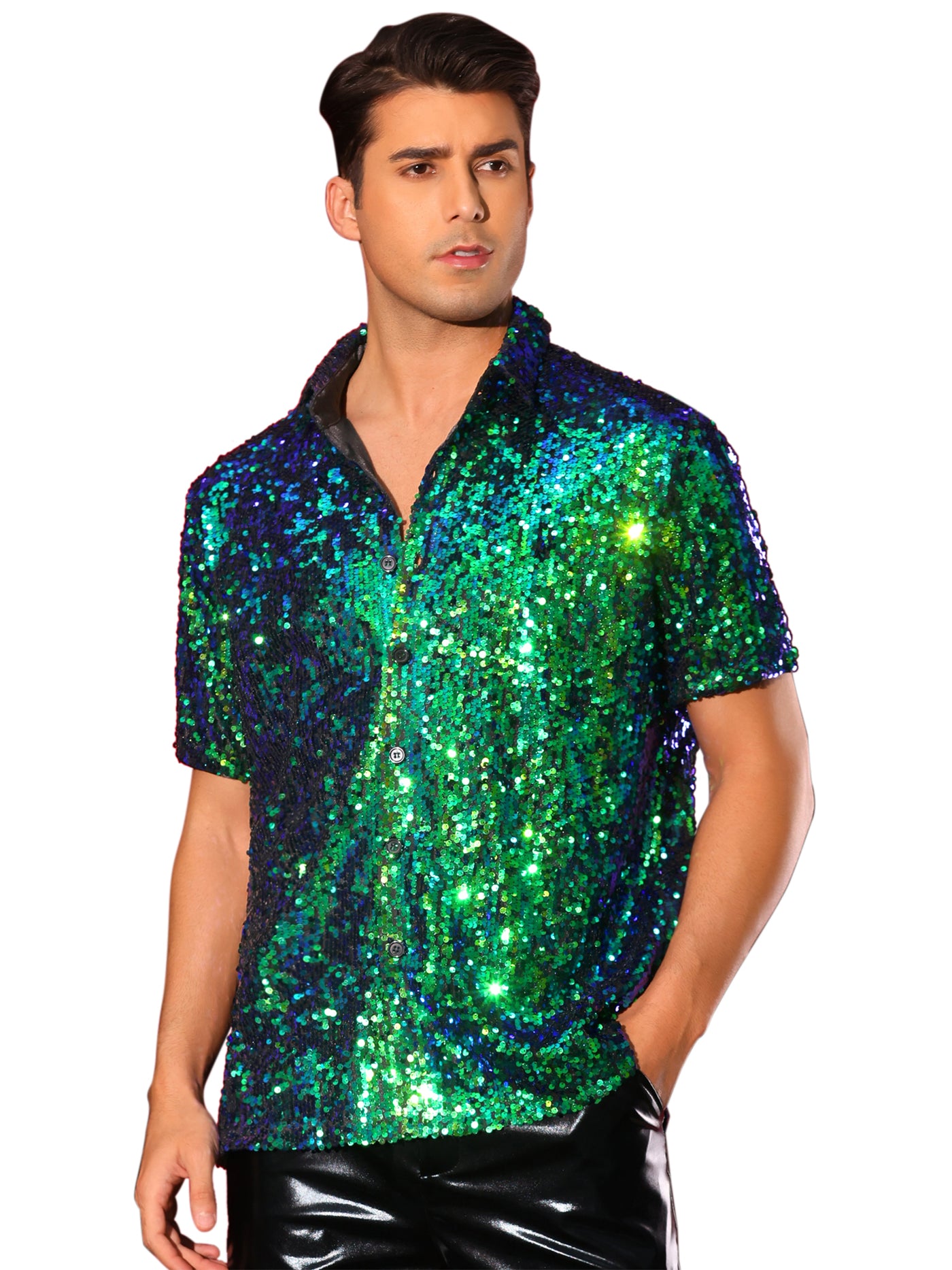 Bublédon Sequin Dress Shirt for Men's Short Sleeve Button Down 70s Disco Costume Party Sparkle Shiny Shirts