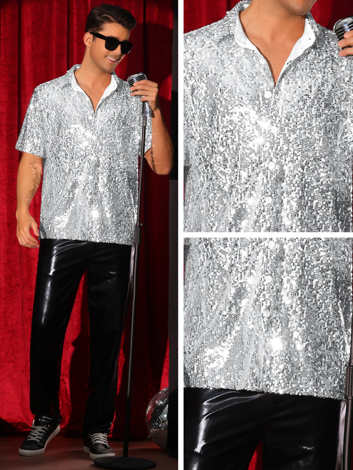 Bublédon Sequin Dress Shirt for Men's Short Sleeve Button Down 70s Disco Costume Party Sparkle Shiny Shirts