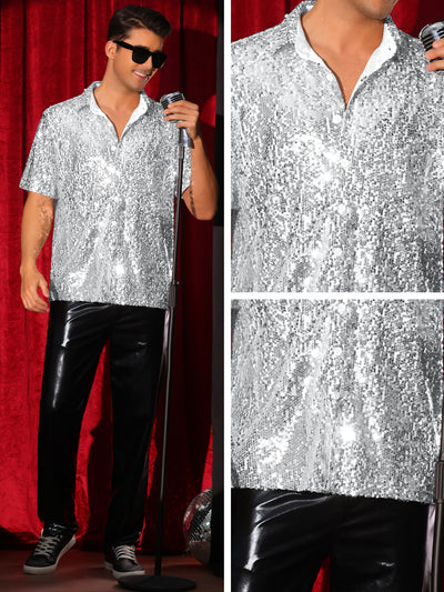 Sequin Dress Shirt for Men's Short Sleeve Button Down 70s Disco Costume Party Sparkle Shiny Shirts