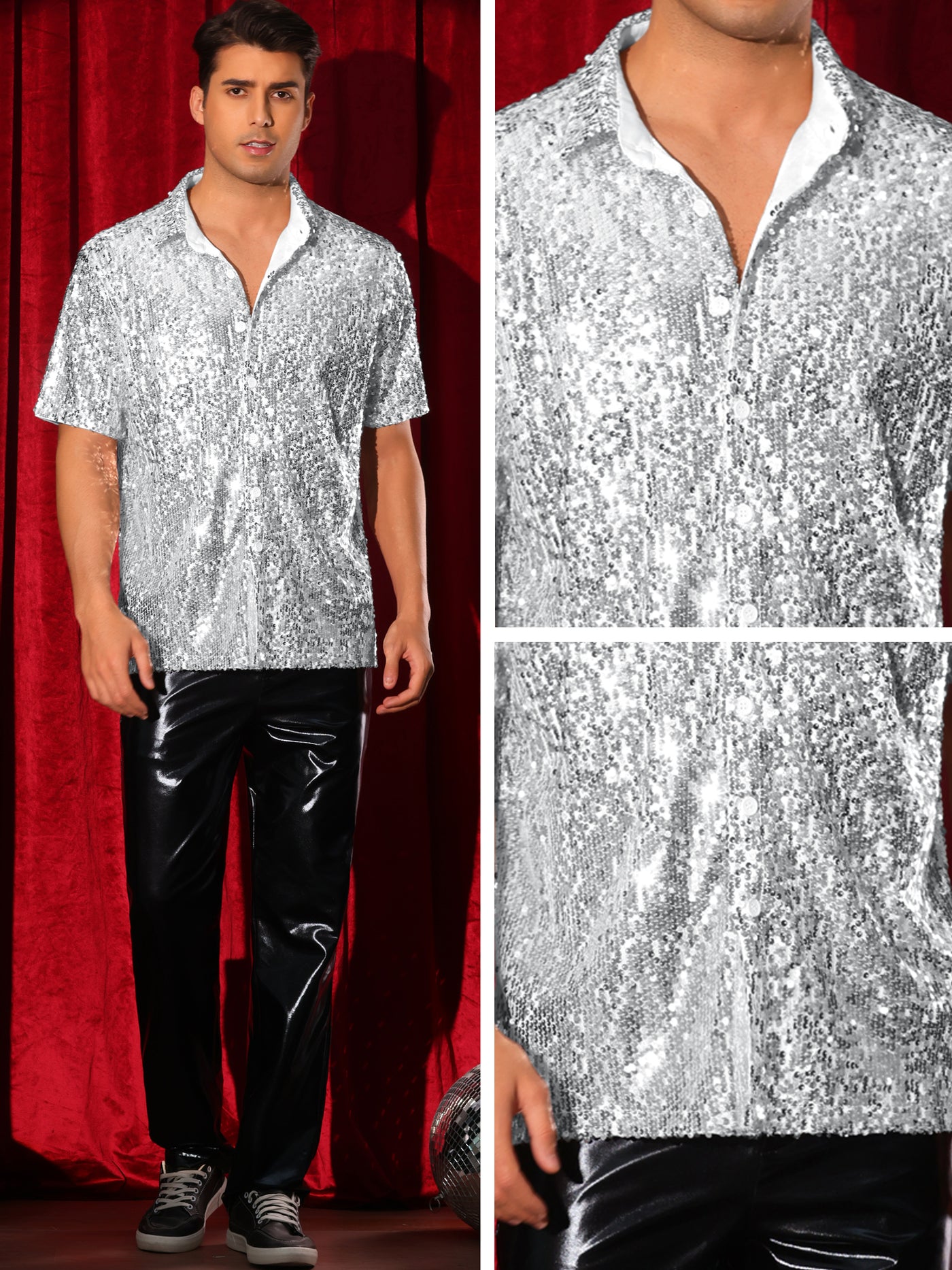 Bublédon Sequin Dress Shirt for Men's Short Sleeve Button Down 70s Disco Costume Party Sparkle Shiny Shirts