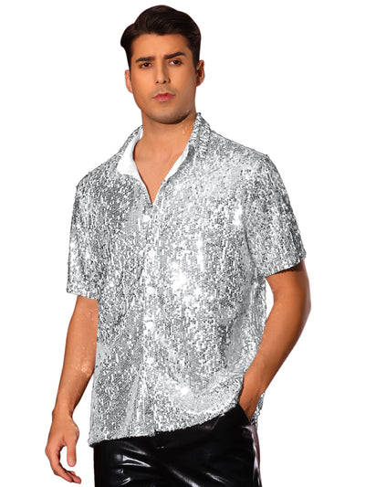 Sequin Dress Shirt for Men's Short Sleeve Button Down 70s Disco Costume Party Sparkle Shiny Shirts