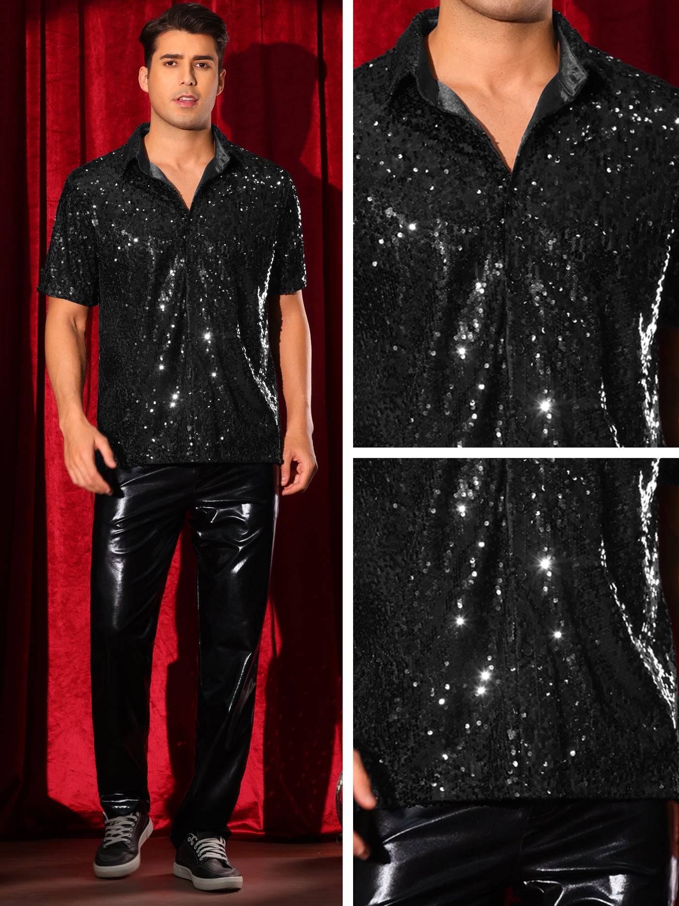 Bublédon Sequin Dress Shirt for Men's Short Sleeve Button Down 70s Disco Costume Party Sparkle Shiny Shirts