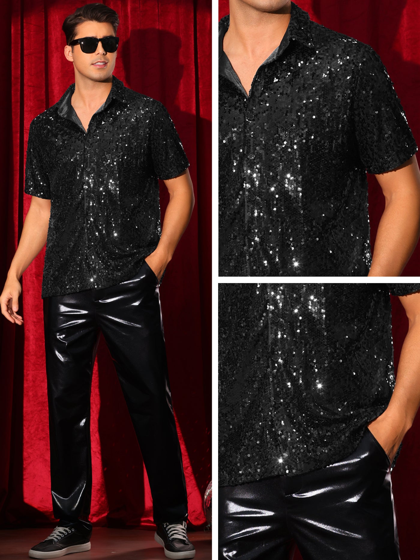 Bublédon Sequin Dress Shirt for Men's Short Sleeve Button Down 70s Disco Costume Party Sparkle Shiny Shirts