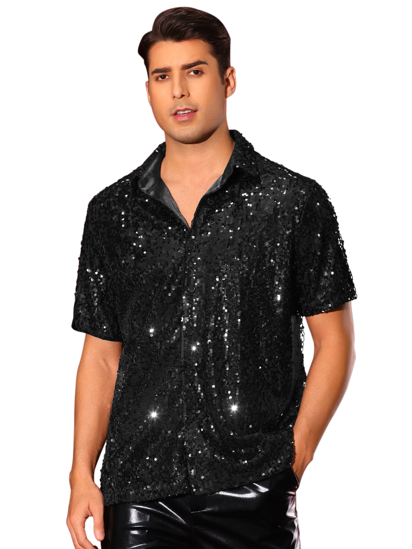 Bublédon Sequin Dress Shirt for Men's Short Sleeve Button Down 70s Disco Costume Party Sparkle Shiny Shirts