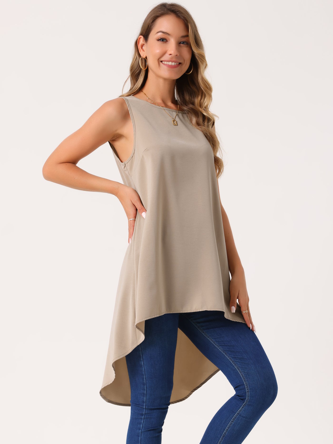 Bublédon Women's Casual High Low Blouse Sleeveless Crewneck Asymmetrical Hem Flowy Tops