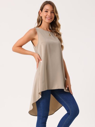 Women's Casual High Low Blouse Sleeveless Crewneck Asymmetrical Hem Flowy Tops