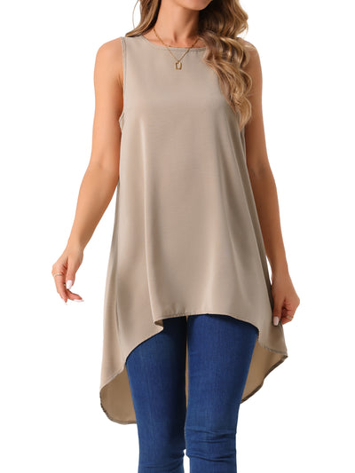 Women's Casual High Low Blouse Sleeveless Crewneck Asymmetrical Hem Flowy Tops