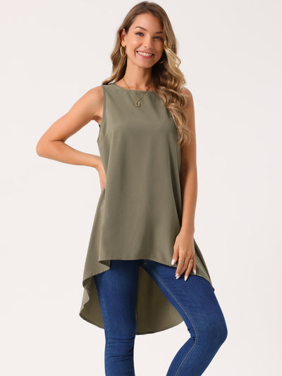 Women's Casual High Low Blouse Sleeveless Crewneck Asymmetrical Hem Flowy Tops