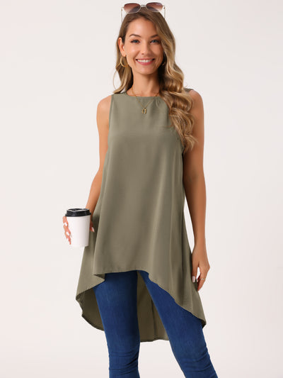 Women's Casual High Low Blouse Sleeveless Crewneck Asymmetrical Hem Flowy Tops