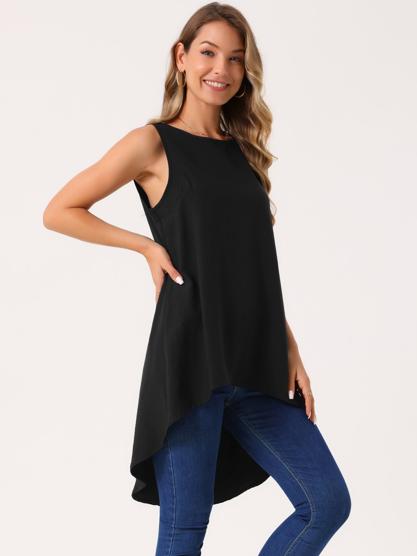 Bublédon Women's Casual High Low Blouse Sleeveless Crewneck Asymmetrical Hem Flowy Tops