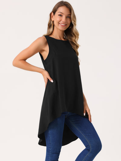 Women's Casual High Low Blouse Sleeveless Crewneck Asymmetrical Hem Flowy Tops