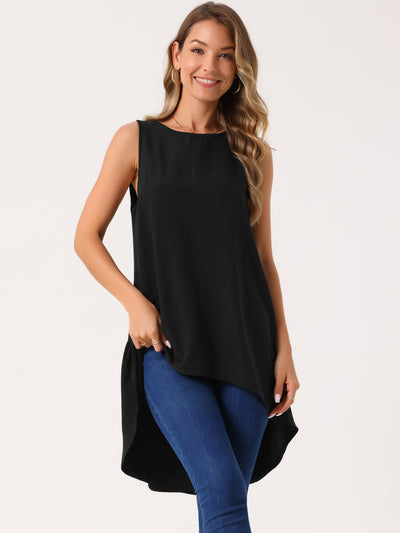 Women's Casual High Low Blouse Sleeveless Crewneck Asymmetrical Hem Flowy Tops