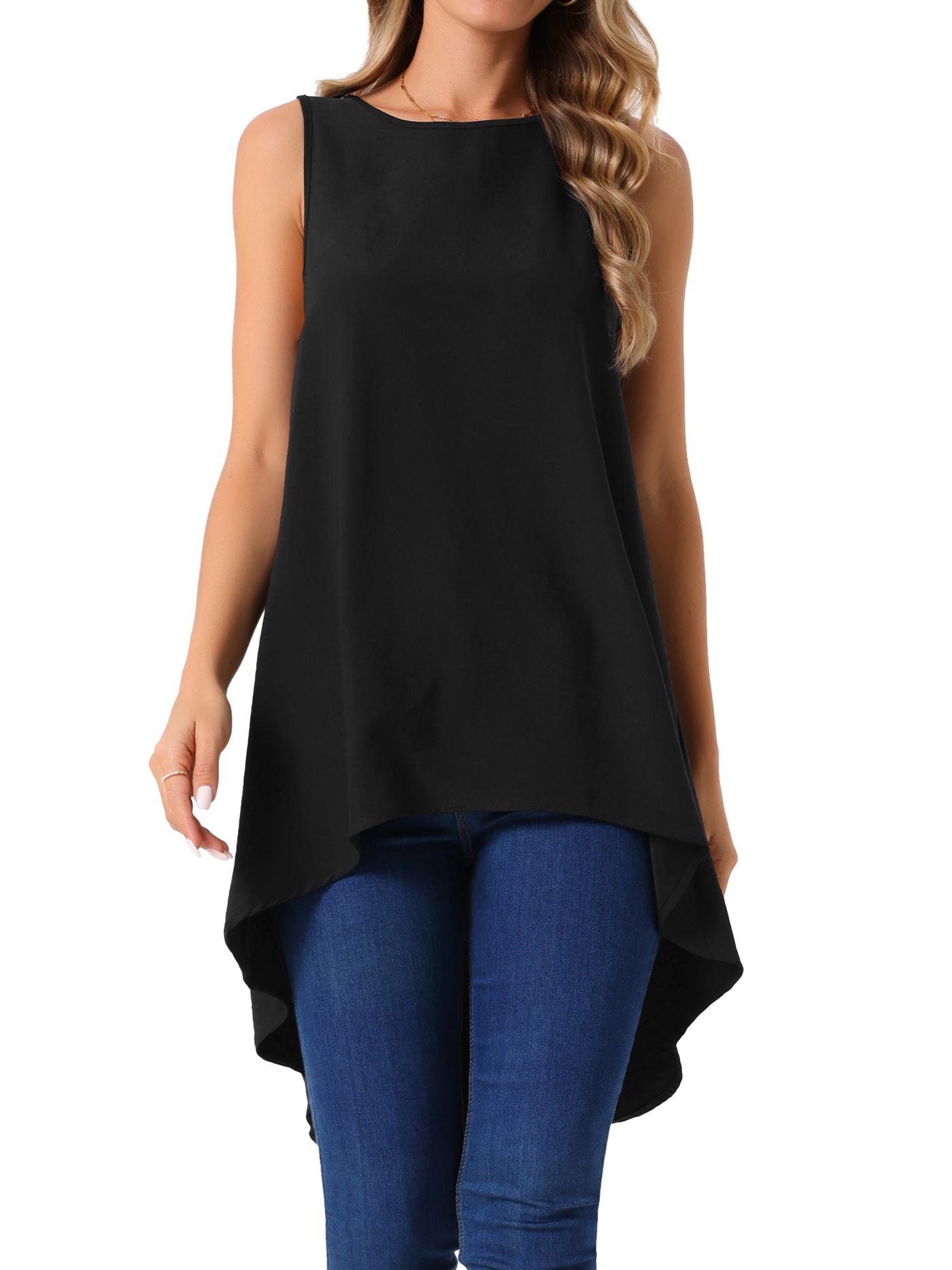 Bublédon Women's Casual High Low Blouse Sleeveless Crewneck Asymmetrical Hem Flowy Tops