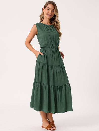 Women's Summer Dresses Sleeveless Crewneck Sundress Tiered Casual Flowy Midi Dress with Pockets