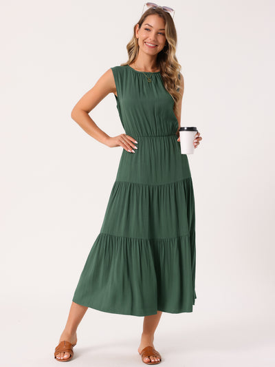 Women's Summer Dresses Sleeveless Crewneck Sundress Tiered Casual Flowy Midi Dress with Pockets