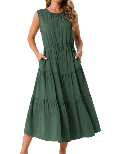 Women's Summer Dresses Sleeveless Crewneck Sundress Tiered Casual Flowy Midi Dress with Pockets