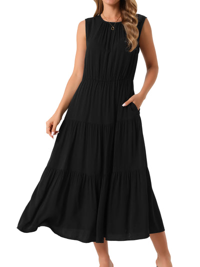 Women's Summer Dresses Sleeveless Crewneck Sundress Tiered Casual Flowy Midi Dress with Pockets