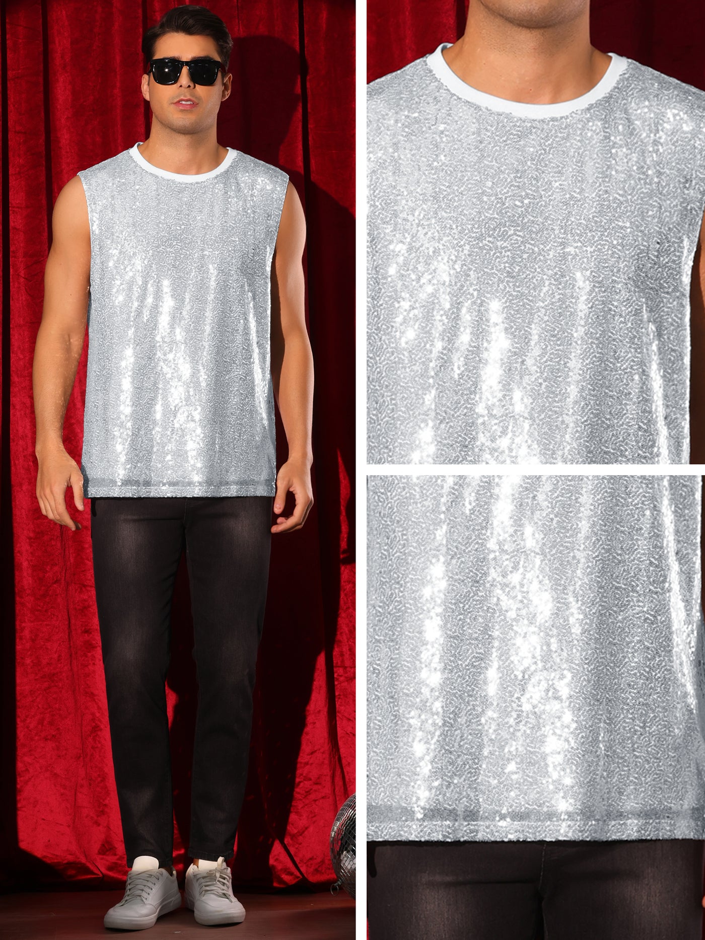 Bublédon Sequin Tank Top for Men's Shiny Glitter Sleeveless Tee Tops Party Disco Metallic Vest