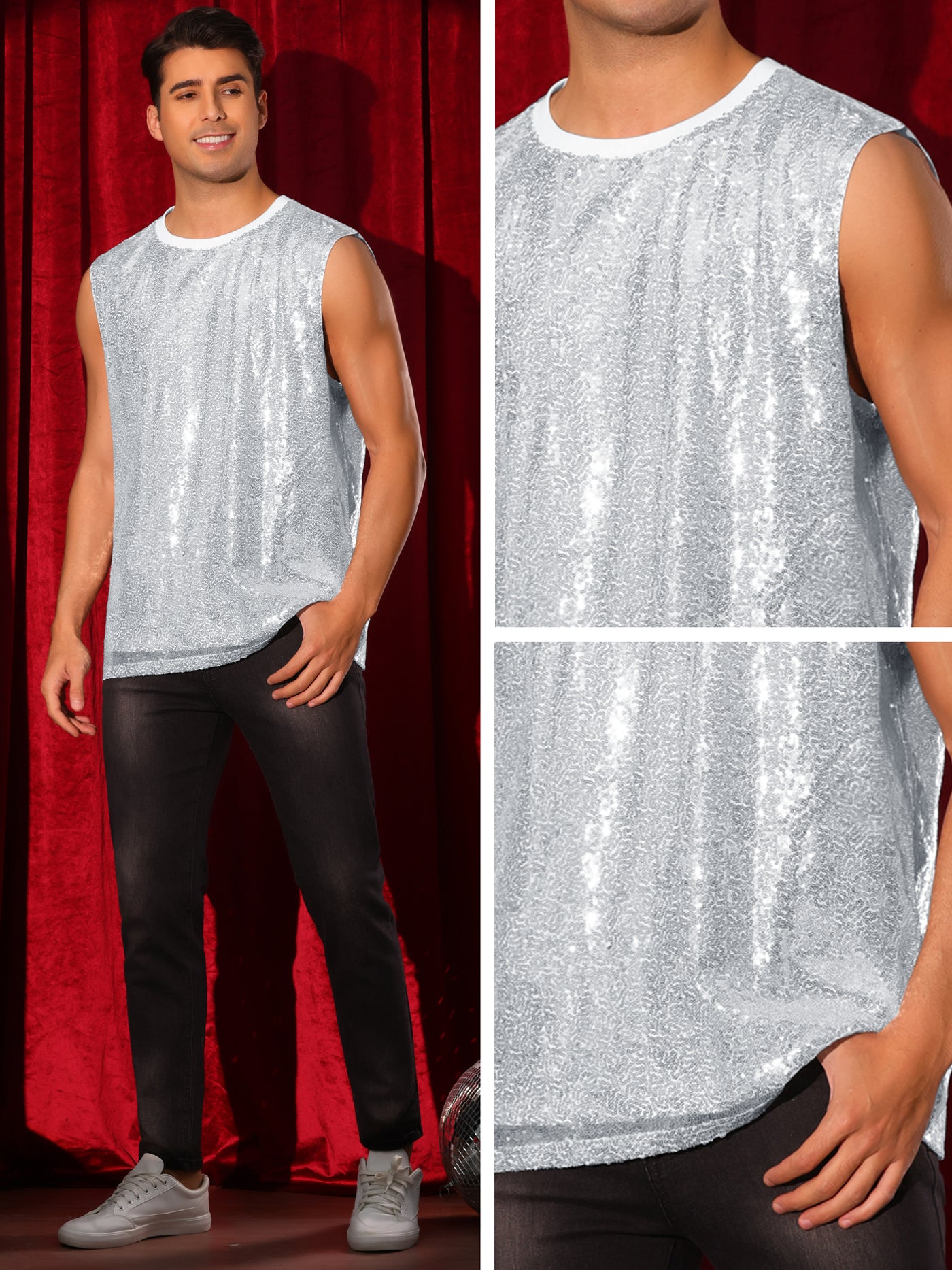 Bublédon Sequin Tank Top for Men's Shiny Glitter Sleeveless Tee Tops Party Disco Metallic Vest