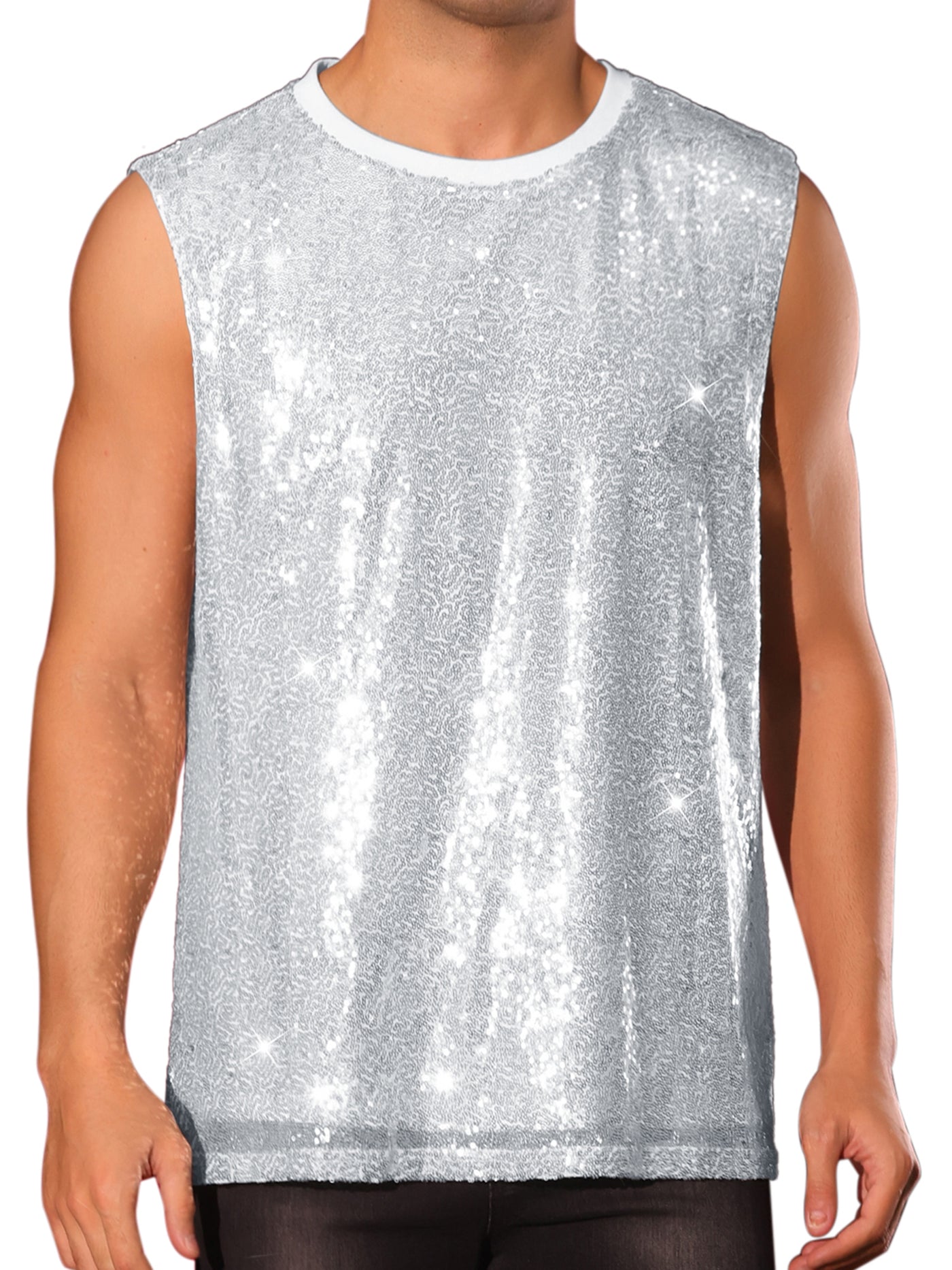 Bublédon Sequin Tank Top for Men's Shiny Glitter Sleeveless Tee Tops Party Disco Metallic Vest