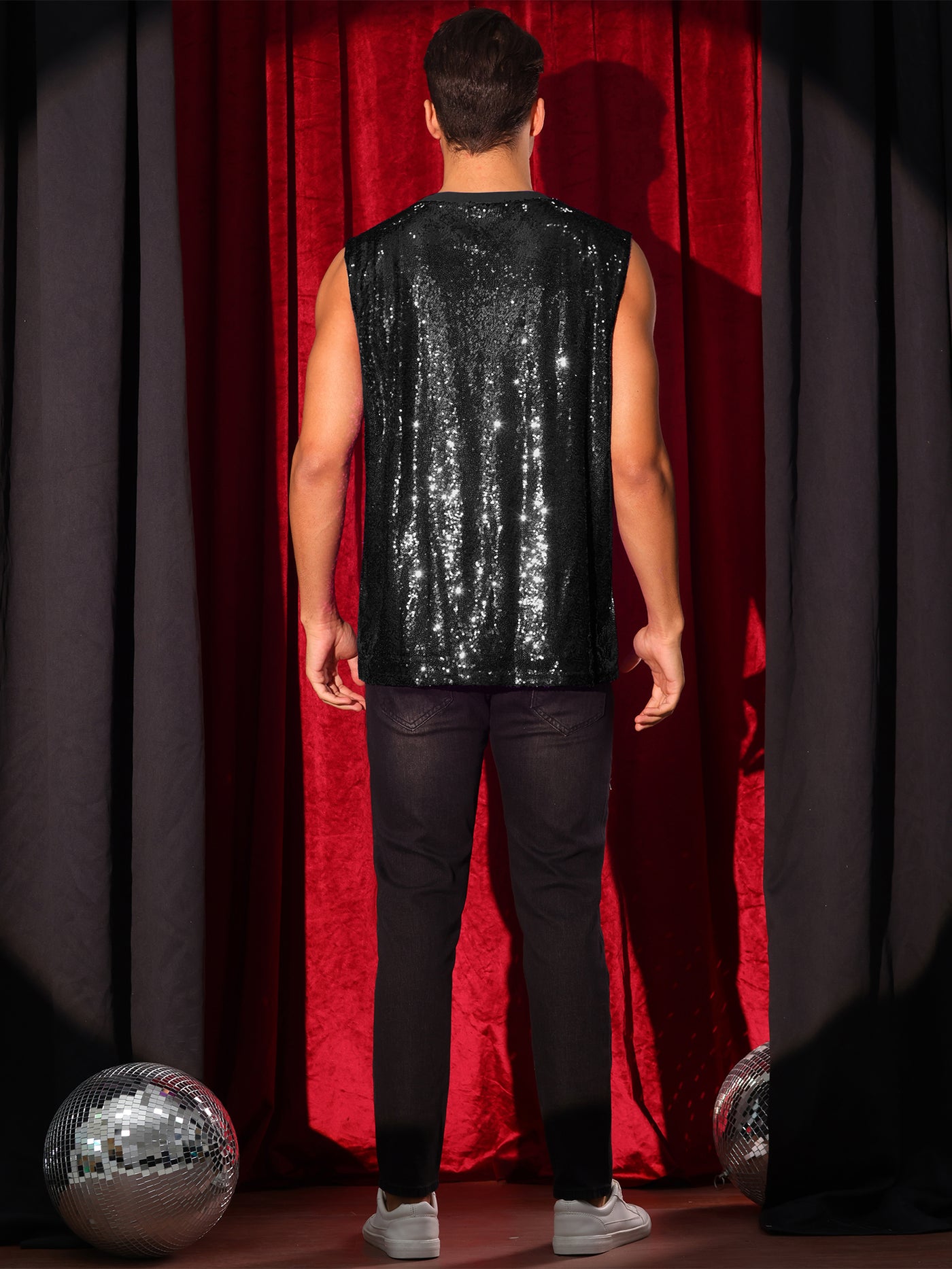 Bublédon Sequin Tank Top for Men's Shiny Glitter Sleeveless Tee Tops Party Disco Metallic Vest