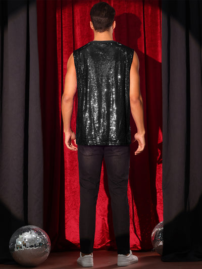 Sequin Tank Top for Men's Shiny Glitter Sleeveless Tee Tops Party Disco Metallic Vest