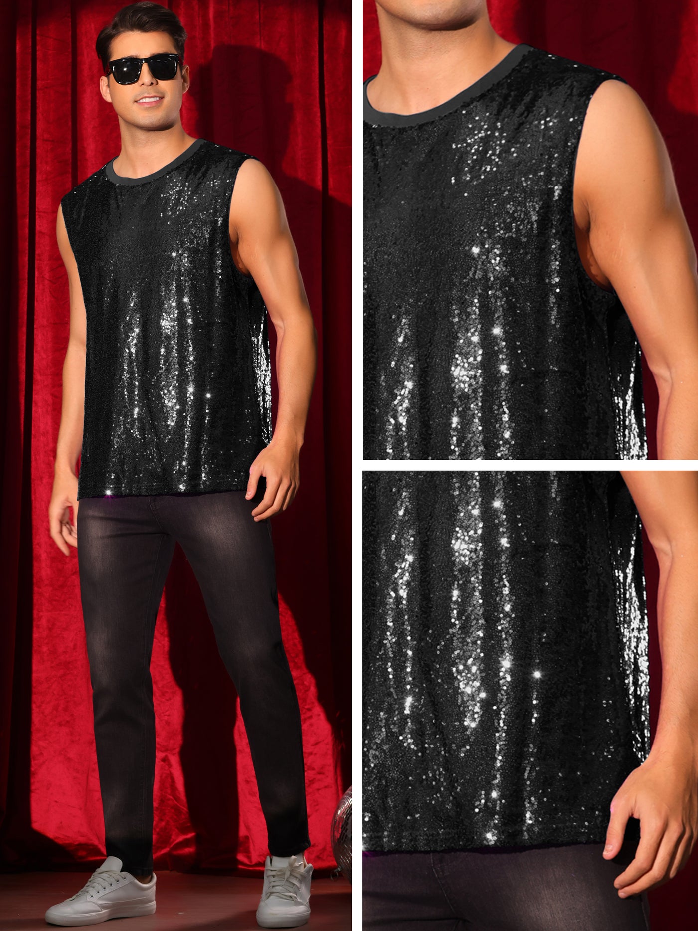 Bublédon Sequin Tank Top for Men's Shiny Glitter Sleeveless Tee Tops Party Disco Metallic Vest