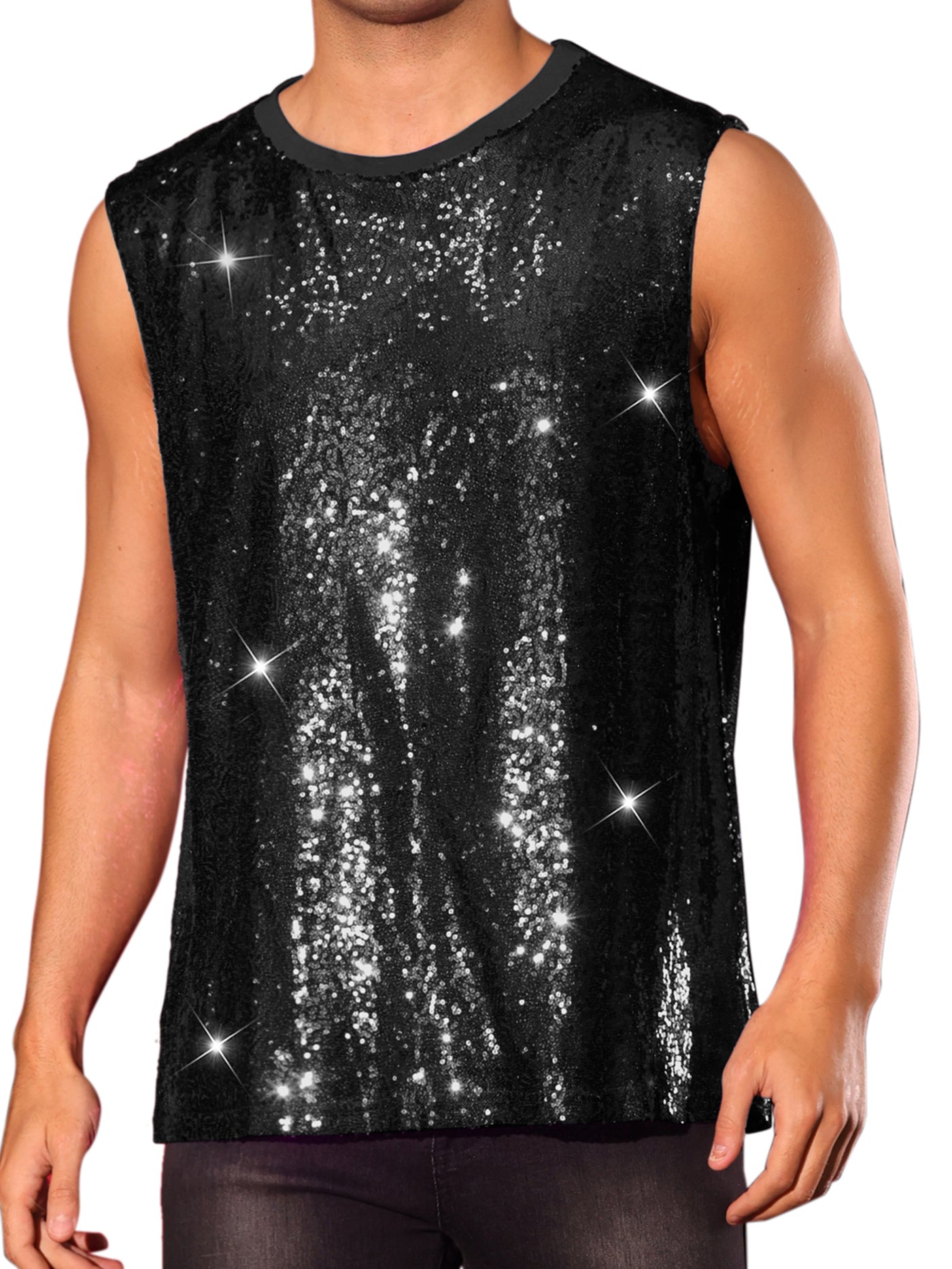 Bublédon Sequin Tank Top for Men's Shiny Glitter Sleeveless Tee Tops Party Disco Metallic Vest