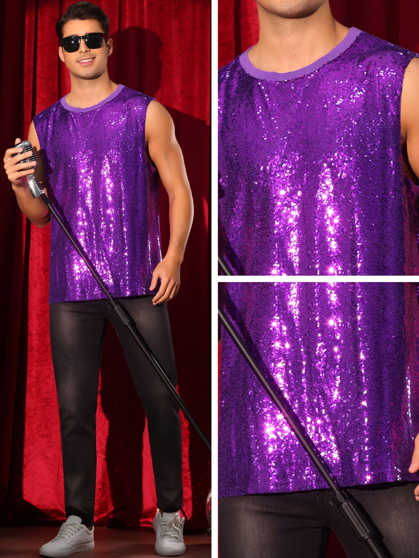 Bublédon Sequin Tank Top for Men's Shiny Glitter Sleeveless Tee Tops Party Disco Metallic Vest