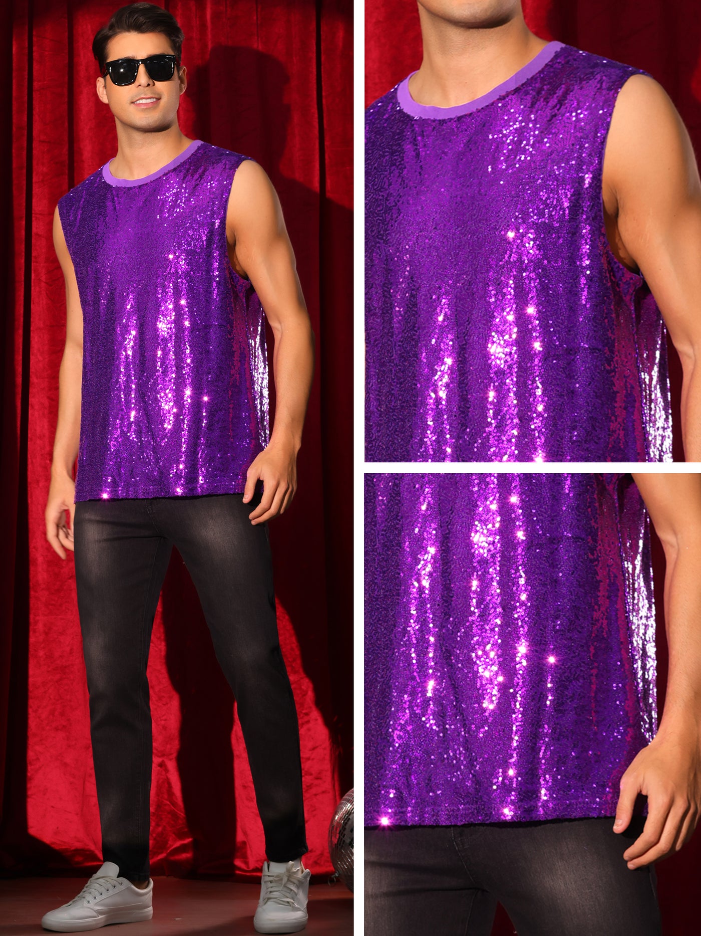 Bublédon Sequin Tank Top for Men's Shiny Glitter Sleeveless Tee Tops Party Disco Metallic Vest