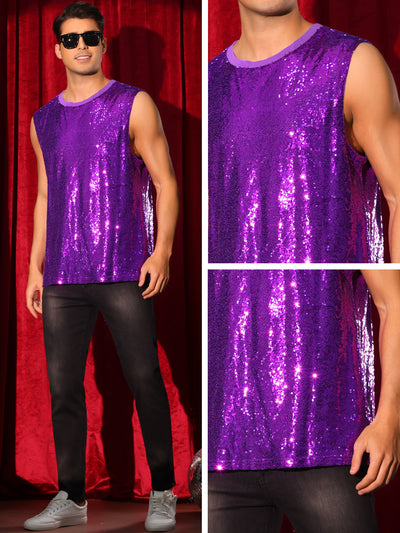 Sequin Tank Top for Men's Shiny Glitter Sleeveless Tee Tops Party Disco Metallic Vest