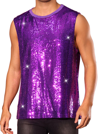 Sequin Tank Top for Men's Shiny Glitter Sleeveless Tee Tops Party Disco Metallic Vest