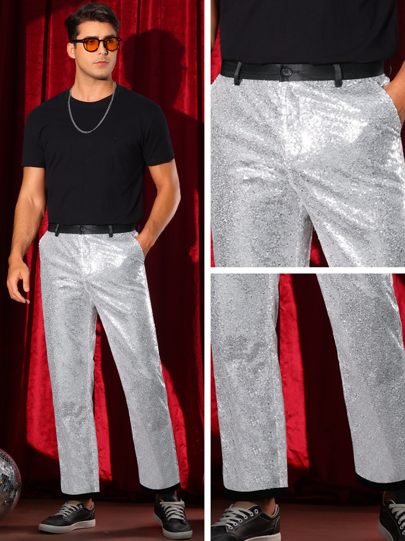 Bublédon Sequin Dress Pants for Men's Straight Leg Button Down Party Metallic Shiny Suit Trouser