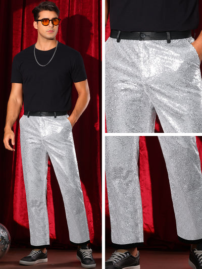 Sequin Dress Pants for Men's Straight Leg Button Down Party Metallic Shiny Suit Trouser