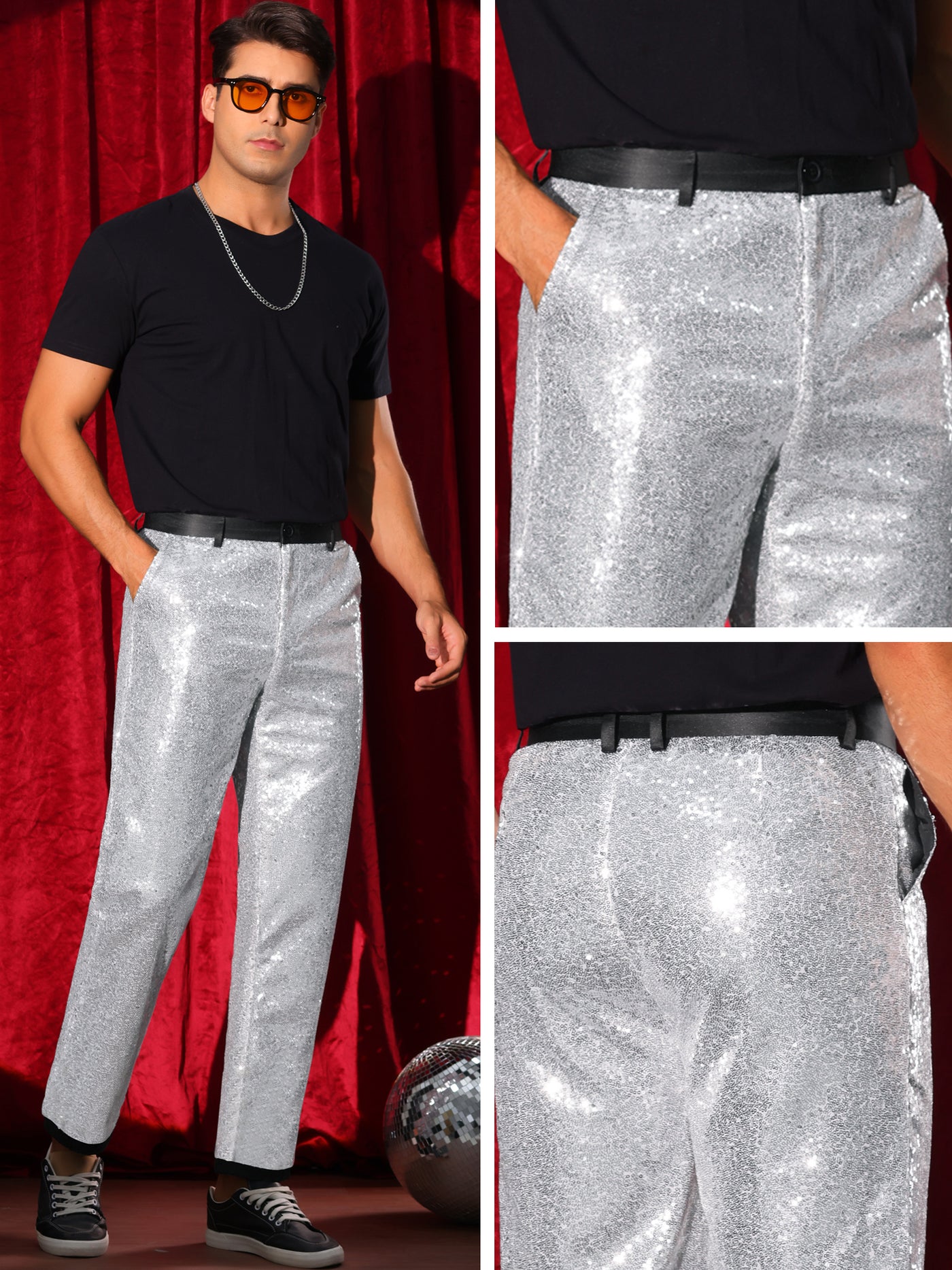 Bublédon Sequin Dress Pants for Men's Straight Leg Button Down Party Metallic Shiny Suit Trouser